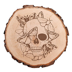 Carved Wood Round Sheets, for Home Display Decoration, Skull Pattern, 170~180x15mm(AJEW-WH0362-003)