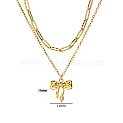 304 Stainless Steel Bowknot Pendant Necklaces, Double Layer Necklaces, Real 18K Gold Plated, 15.59 inch(39.6cm), Bowknot: 16x16mm(NJEW-L182-001G-05)