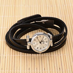 3-Loop Leather Platinum Plated Alloy Quartz Wrap Bracelet Watches, with Alloy Clasps, Black, 610x8mm(WACH-F010-01A)