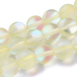 Synthetic Moonstone Beads Strands, Holographic Beads, Half AB Color Plated, Frosted, Round, Light Yellow, 6mm, Hole: 1mm, about 60pcs/strand, 15 inch(G-F142-6mm-14)