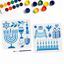 US 1 Set Hanukkah PET Hollow Out Drawing Painting Stencils, for DIY Scrapbook, Photo Album, with 1Pc Art Paint Brushes, Mixed Shapes, 300x300mm, 2pcs/set(DIY-MA0002-19A)