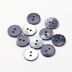 2-Hole Shell Buttons, Flat Round, Black, 13x2mm, Hole: 1.5mm(BUTT-L019-02D)