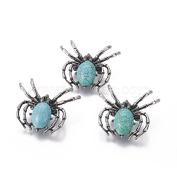 Synthetic Turquoise Brooch, with Alloy Findings and Glass, Spider, Antique Silver, 34~35x41~42x7mm, Hole: 3x5mm(G-A176-C11-1)