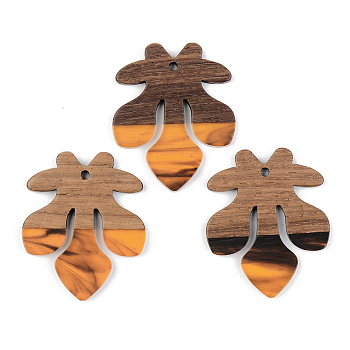 Resin & Walnut Wood Pendants, Fleur De Lis, Orange, 38x31.5x3mm, Hole: 2mm