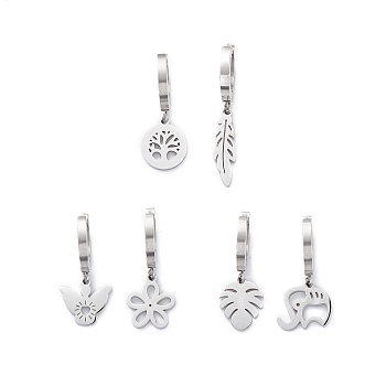 3 Pair 3 Style Leaf & Flower & Butterfly & Tree & Elephant Asymmetrical Earrings, 304 Stainless Steel Dangle Hoop Earrings for Women, Stainless Steel Color, 24~31mm, Pin: 1mm, 1 Pair/style