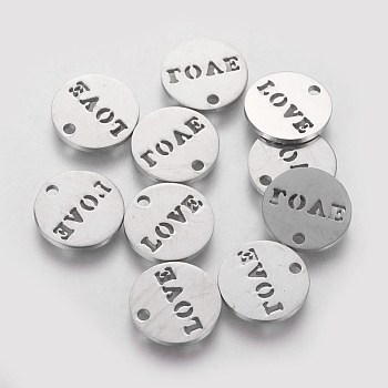 304 Stainless Steel Charms, Flat Round with Word Love, Stainless Steel Color, 12x1mm, Hole: 1mm