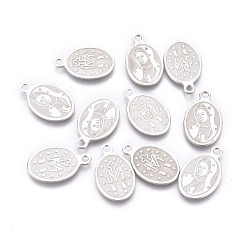 304 Stainless Steel Charms, Laser Cut, Oval with Virgin Mary, Stainless Steel Color, 14.5x9x0.6mm, Hole: 1.4mm
