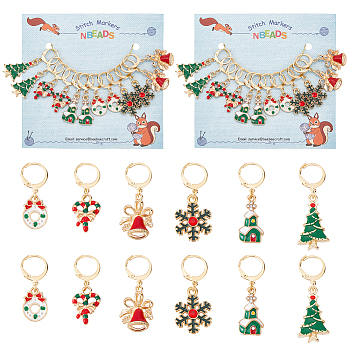Christmas Theme Alloy Enamel Charm Locking Stitch Markers, Golden Tone 304 Stainless Steel Clasp Stitch Marker, Tree/Bell/Wreath, Mixed Color, 3.1~4.2cm, 6 style, 2pcs/style, 12pcs/set