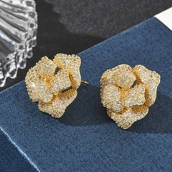 Camellia Flower Brass & Clear Cubic Zirconia Stud Earrings, Floral Earrings for Women, Real 18K Gold Plated, 19.5x20mm