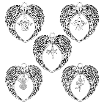 5Pcs 5 Styles Alloy Pendants, with 304 Stainless Steel Pendants, Wing with Angel Charms, Antique Silver & Stainless Steel Color, 72x68x3mm, Hole: 6mm, 1pc/style
