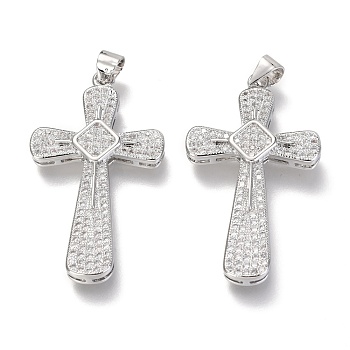 Brass Micro Pave Clear Cubic Zirconia Pendants, Cross with Rhombus, Real Platinum Plated, 35x20x4mm, Hole: 3mm