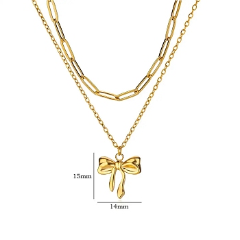 304 Stainless Steel Bowknot Pendant Necklaces, Double Layer Necklaces, Real 18K Gold Plated, 15.59 inch(39.6cm), Bowknot: 16x16mm