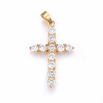304 Stainless Steel Pendants, with Cubic Zirconia and Snap on Bails, Cross, Clear, Golden, 37.5x25x3.5mm, Hole: 5x7mm