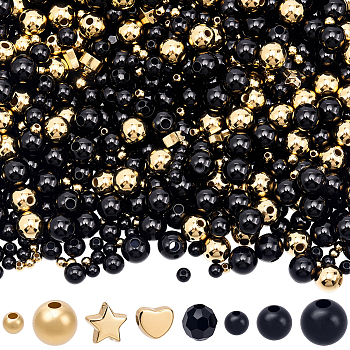 DIY Beads Findings Kits, including Acrylic Beads, CCB Plastic Beads, Black, 3~8x3~8x2.5~7mm, Hole: 1.2~1.8mm, 1530pcs/set