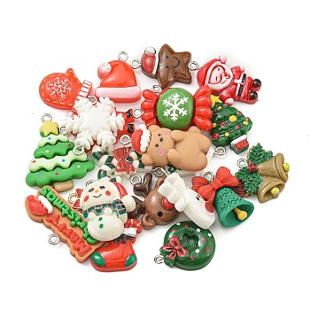 22Pcs Christmas Theme Resin Pendants, with Iron Hoop Findings, Mixed Shapes, 15~31.5x12~30x2~9mm, Hole: 1.8~2mm