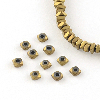 Square Electroplated Non-magnetic Synthetic Hematite Bead Spacers, Golden Plated, 3x3x2mm, Hole: 0.5mm, about 200pcs/strand, 15.7 inch