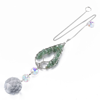 Natural Green Aventurine Big Pendants, with Platinum Brass Chain Extender and Findings, Plating Glass Flat Round & Flower, Clear AB Color, Teardrop with Tree of Life, 155mm, Hole: 3.5mm