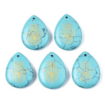 Synthetic Turquoise Pendants, Teardrop with Hamsa Hand Pattern, 32~33.5x25~26x6.5~7.5mm, Hole: 2mm, 6pcs/bag