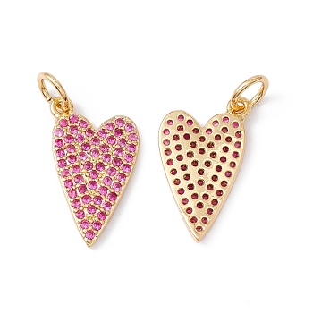 Rack Plating Brass Micro Pave Hot Pink Cubic Zirconia Pendants, with Jump Ring, Cadmium Free & Nickel Free & Lead Free, Heart, Real 18K Gold Plated, 18x10.5x1.5mm, Jump Ring: 5x0.8mm, Inner Diameter: 3.4mm