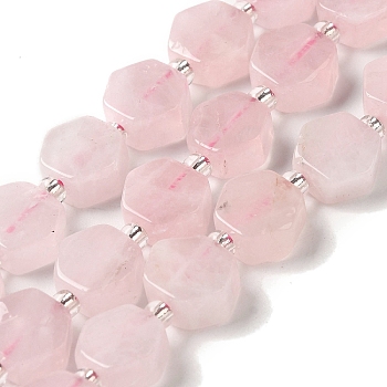 Natural Rose Quartz Beads Strands, Hexagon, with Seed Beads, 8.5~9x8.5~10x4~5mm, Hole: 1mm, about 37~38pcs/strand, 15.55''~15.75''(39.5~40cm)