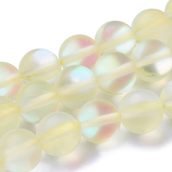 Synthetic Moonstone Beads Strands, Holographic Beads, Half AB Color Plated, Frosted, Round, Light Yellow, 6mm, Hole: 1mm, about 60pcs/strand, 15 inch