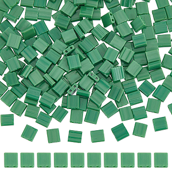 240Pcs 2-Hole Baking Paint Opaque Colours Glass Seed Beads, Rectangle, Green, 5x4.5~5.5x2~2.5mm, Hole: 0.5~0.8mm