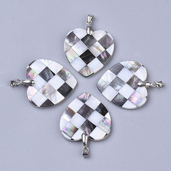 Single-Sided Natural Black Lip Shell and White Shell Pendants, with Freshwater Shell Back, Platinum Plated Random Brass Pendant Bails, Heart, Black, 30x30x3mm, Hole: 5~8x3~4.5mm