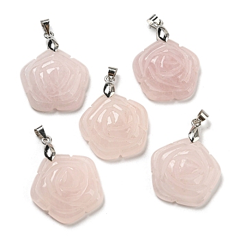Natural Rose Quartz Carved Pendants, Flower Charms with Rack Plating Platinum Plated Brass Pinch Bails, 30x22.5x7.5mm, Hole: 4.5x4mm