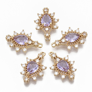 Glass Pendants, with Brass Micro Pave Cubic Zirconia, Faceted, Eye, Light Gold, Lilac, 24.5x16.5x6mm, Hole: 1.4mm