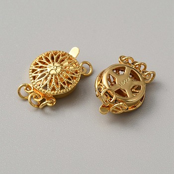 Brass Box Clasps, Multi-Strand Clasps, 3-Strand, 6 Holes, Flat Round with Sunflower Pattern, Golden, 16x12x5mm, Hole: 2.3mm