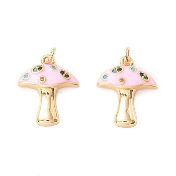 Autumn Theme Rack Plating Brass Micro Pave Colorful Cubic Zirconia Pendants, with Enamel, Cadmium Free & Nickel Free & Lead Free, Real 18K Gold Plated, Mushroom, Pink, 16.5x14x3.5mm, Hole: 2.8mm