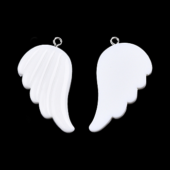 Opaque Resin Pendants, Wing Charms, with Platinum Plated Iron Loops, White, 41x30x4mm, Hole: 2mm