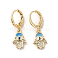 Hamsa Hand with Evil Eye Real 18K Gold Plated Brass Dangle Leverback Earrings, with Enamel and Cubic Zirconia, Deep Sky Blue, 25.5x9mm(EJEW-Q797-04A-02G)