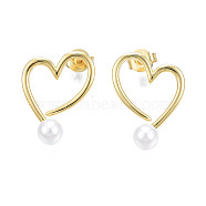 Brass Open Heart Stud Earrings with ABS Plastic Pearl for Women, Nickel Free, Real 18K Gold Plated, 18x13.5mm, Pin: 0.8mm(EJEW-N011-54LG)