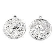 201 Stainless Steel Pendants, Flat Round with Mushroom Charm, Stainless Steel Color, 29x25x3mm, Hole: 1.8mm(X-STAS-N098-143P)