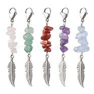 Alloy Feather Pendant Decorations, Natural Mixed Gemstone Chips & Lobster Claw Clasps Ornaments for Bag Key Chain, 61~63mm, Pendants: 26x6x1mm(HJEW-JM01874)