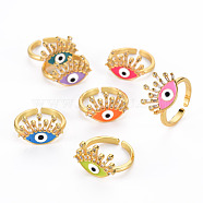 Brass Micro Pave Cubic Zirconia Cuff Rings, Open Rings, with Enamel, Evil Eye, Cadmium Free & Nickel Free & Lead Free, Real 16K Gold Plated, Mixed Color, US Size 7(17.3mm)(RJEW-Q165-015-NR)