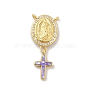 Brass Charms, with Shell, Cadmium Free & Lead Free, Long-Lasting Plated, Oval with Saint & Cross, Real 18K Gold Plated, Mauve, 30mm, Hole: 1.5mm(KK-B059-53G-B)