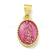 Rack Plating Brass Enamel Pendants, Long-Lasting Plated, Lead Free & Cadmium Free, Real 18K Gold Plated, Oval with Saint Charm, Pale Violet Red, 15x10x3mm, Hole: 5x3.5mm(KK-B091-15G)