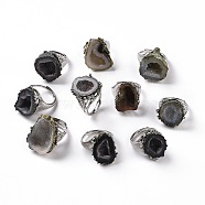 Natural Agate Irregular Druzy Adjustable Ring, Raw Rough Ring, Platinum Plated Brass Jewelry for Women, Inner Diameter: 15.3~18.4mm(RJEW-G271-02P-01)