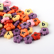 Opaque Acrylic Flower Horizontal Hole Letter Beads, Random Mixed Letters, Mixed Color, 11x11x4mm, Hole: 2mm, about 1300pcs/500g(SACR-Q126-06)