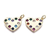 Brass Micro Pave Colorful Cubic Zirconia Pendants, with Jump Rings, Cadmium Free & Nickel Free & Lead Free, Heart, Real 16K Gold Plated, 15.5x19x2mm, Jump Ring: 5x1mm, 3mm inner diameter(ZIRC-S067-001-NR)