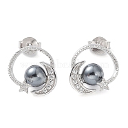 Shell Pearl Dangle Stud Earrings, Moon & Star Real Platinum Plated Rhodium Plated 925 Sterling Silver Earrings, with 925 Stamp, Gray, 13x13mm(EJEW-Z024-09B-P)