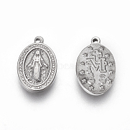 304 Stainless Steel Religon Charms, Oval with Virgin Mary, Stainless Steel Color, 13x8.5x1.6~1.8mm, Hole: 0.8mm(STAS-P231-01AS)