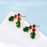 Cubic Zirconia Cherry Stud Earrings with Enamel, Real 18K Gold Plated Brass Jewelry for Women, Cadmium Free & Nickel Free & Lead Free, Colorful, 9x10.5mm, Pin: 0.7mm(X-EJEW-P199-14G)