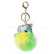 Imitation Rex Rabbit Fur Ball & PU Leather Unicorn Pendant Keychain, with Alloy Clasp, for Bag Car Pendant Decoration, Yellow, 17.5cm(KEYC-K018-01KCG-02)