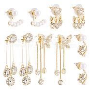 5 Pairs 5 Style Clear Cubic Zirconia Long Dangle Stud Earrings with Sterling Silver Pins for Women, Flower & Heart & Butterfly & Flat Round Drop Earrings, Light Gold, 16~48mm, Pin: 0.5~0.7mm, 1 pair/style(EJEW-KS0001-03)