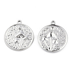 201 Stainless Steel Pendants, Flat Round with Mushroom Charm, Stainless Steel Color, 29x25x3mm, Hole: 1.8mm(X-STAS-N098-143P)