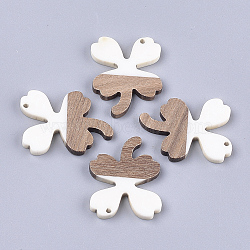 Resin & Walnut Wood Pendants, Clover, Creamy White, 37x28.5x3.5~4mm, Hole: 2mm(RESI-S358-58A)