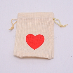 Heart Pattern Burlap Packing Pouches, Drawstring Bags, Red, 13.8~14x9.8~10cm(ABAG-TAC0001-06)